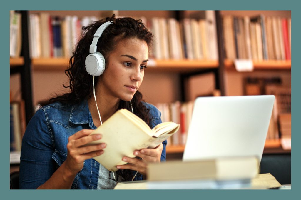 Bordered Girl Studying in Library